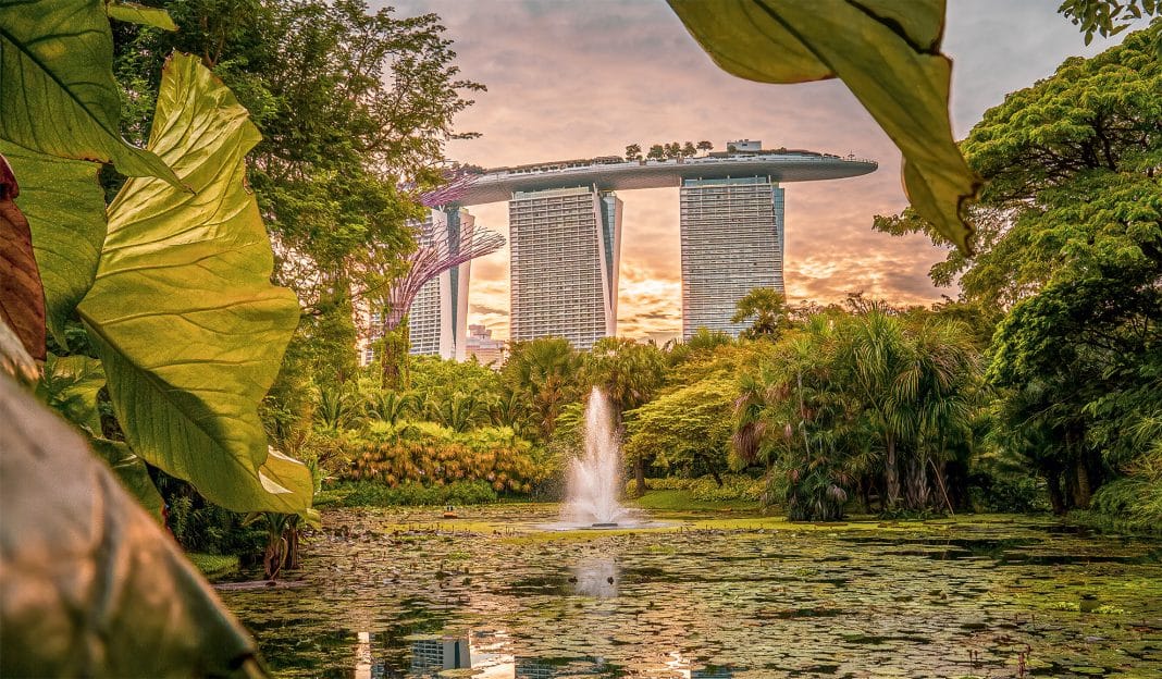 Blick über den Water Lily Pond zum Marina Bay Sands Resort, Foto: @Singapore Tourism Board