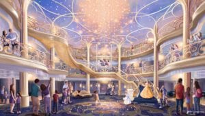 Das Atrium der Disney Wish wird sich über drei Decks erstrecken und soll von einem verzauberten Märchen inspiriert sein. Grafik: Disney Cruise Line