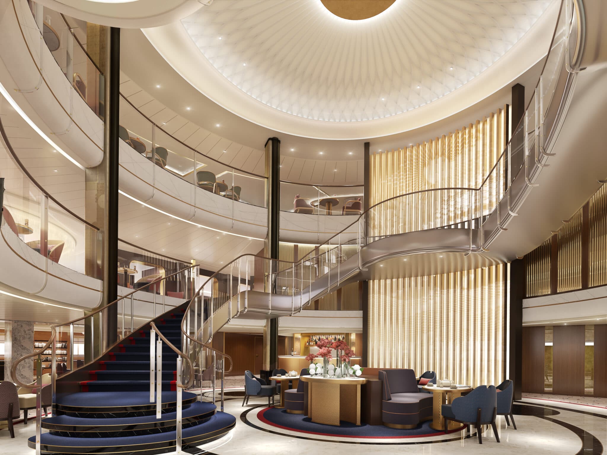 Die Grand Lobby, ein zentraler Punkt fÃ¼r die GÃ¤ste und das HerzstÃ¼ck des Schiffes, wurde so gestaltet, dass sie einen eindrucksvollen Eingangsbereich bietet. Foto: Â© Cunard Line