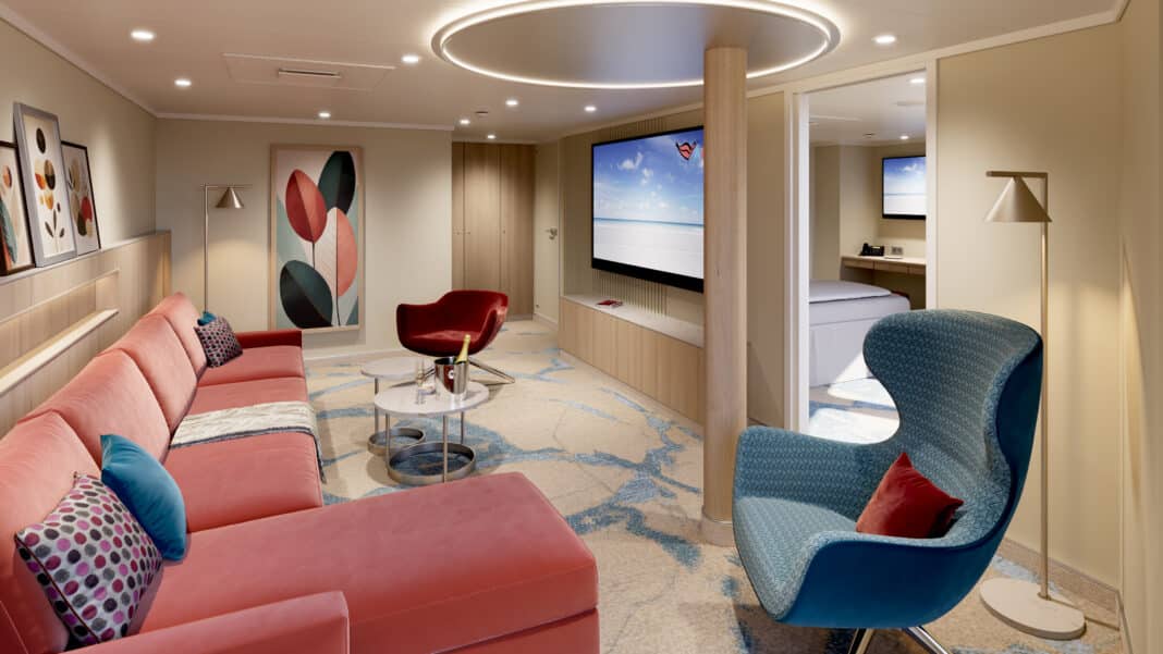 Alle Gästekabinen erhalten während der Modernisierung ein neues Erscheinungsbild, hier das Rendering einer AIDA-Suite. Foto: © AIDA Cruises