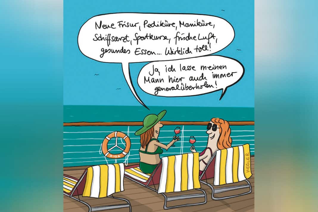 Cartoon von Ruth Hebler aus „Willkommen an Bord“. Foto: © Schaltzeit Verlag / Hebler / AIDA