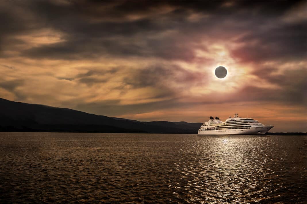 Seabourn bietet Kreuzfahrten zur Sonnenfinsterin im Jahr 2026 an. Fotomontage: Seabourn